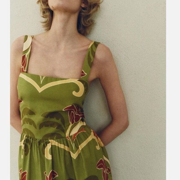 NWOT ZARA WOMAN ZW COLLECTION PRINTED MIDI DRESS GREEN | 2183/010 - Picture 8 of 12